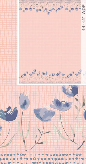Pink fabric with blue floral patterns and grid designs