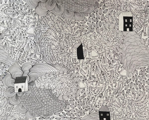 Black and white intricate pattern with houses and abstract shapes