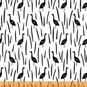 Fabric with a pattern of black bird silhouettes on a white background, measured in 25 cm increments.