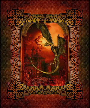 A fabric panel with a red dragon design and a fantasy castle background.