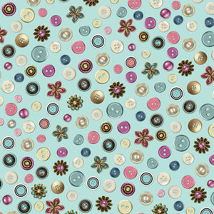 Pattern of colorful buttons and flowers on a light blue background