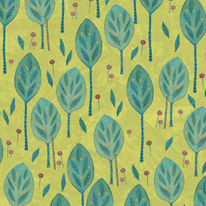 Pattern of blue trees with red flowers on a green background