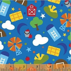 Colorful farm-themed fabric pattern with cartoonish elements on a blue background.