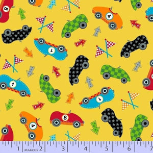 Colorful pattern of toy cars and racing elements on a yellow background with a ruler at the bottom.