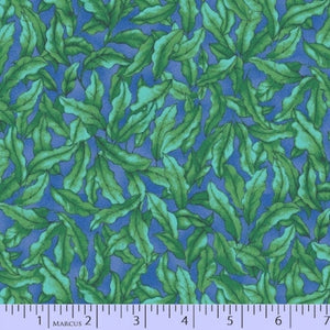Green leaf pattern on a blue background with a ruler at the bottom.