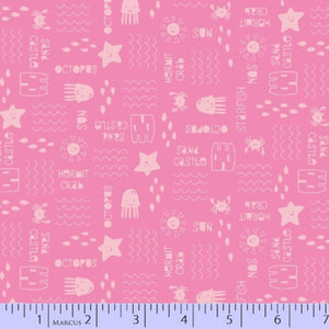 A pink fabric with a pattern of candy, lollies, and jelly beans, along with various playful designs such as stars and waves.