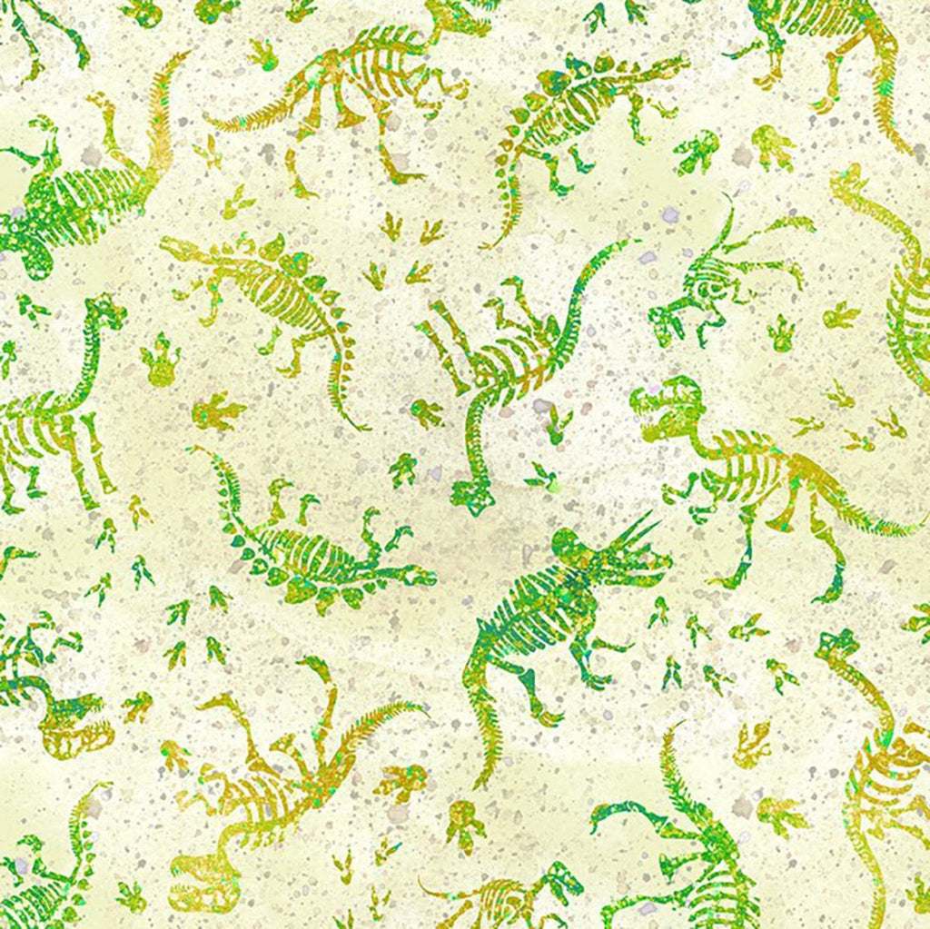 Dinosaur Friends by Jason Yenter 5 DIN 1, Fossils Green.Priced per 25cm