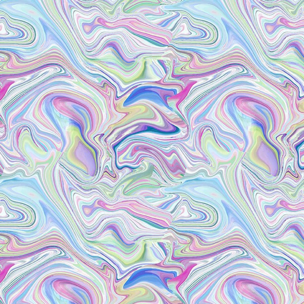 A fabric with a unicorn-themed, multicolored, marble-like pattern.