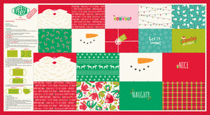 A holiday-themed fabric panel featuring various Christmas patterns including snowflakes, reindeer, and text phrases such as 'Noel' and 'Let it Snow!'.