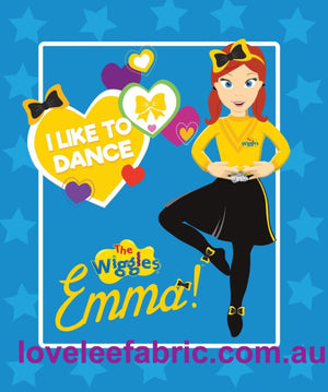 A fabric panel featuring a character from The Wiggles! series, with the text 'I like to dance' and heart graphics.
