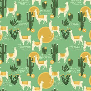 Pattern of llamas and cacti on a green background