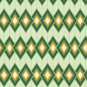 Geometric pattern with chevrons and diamond shapes in green, yellow, and white.