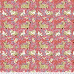 Rose-colored fabric with a pattern of various animals, such as deer and butterflies, and floral designs on a pink background.