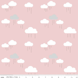 A piece of fabric featuring a pink background with a repeated pattern of grey clouds and rain droplets, and a measuring tape indicating 25cm width.