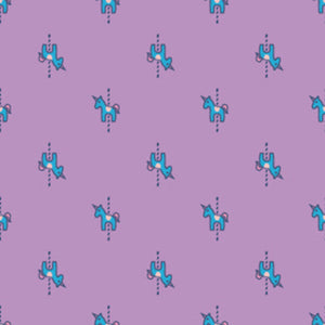 Pattern of blue unicorns on a purple background