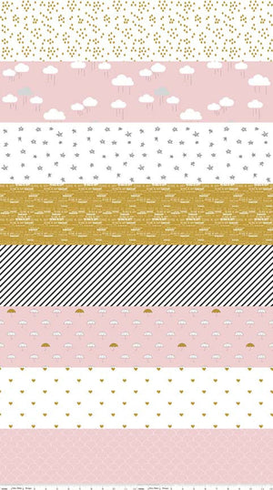 A piece of fabric featuring a pattern with black stripes, gold dots, and pink backgrounds, with playful cloud motifs.