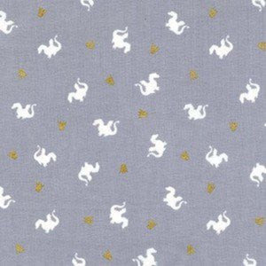 Grey metallic fabric with a repeated pattern of white baby dragon shapes, interspersed with gold accents.