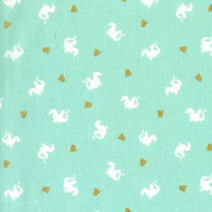 Turquoise metallic fabric with white dragon patterns and gold accents, repeated horizontal and vertical repeats shown.