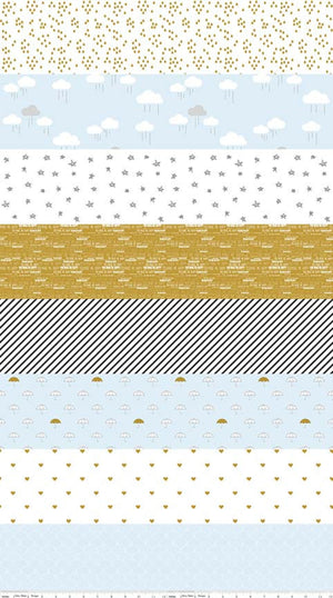 A piece of fabric featuring a pattern with black stripes and gold dots on a blue background.